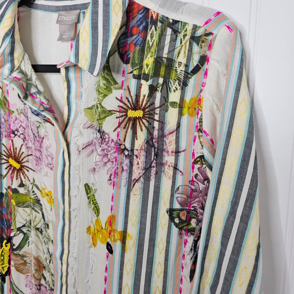 Chico's Women's Printed Embellished Floral Top Size 8 Embroidered Beaded Striped - Picture 5 of 11
